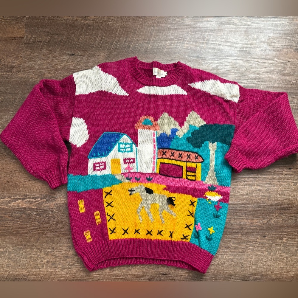 Vintage 80s WHITE STAG sweater knit farm scene folk art whimsical rare sz M EUC - Picture 16 of 16